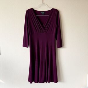 Lauren Ralph Lauren V Neck 3/4 Sleeve Wine Stretchy Fit and Flare Dress